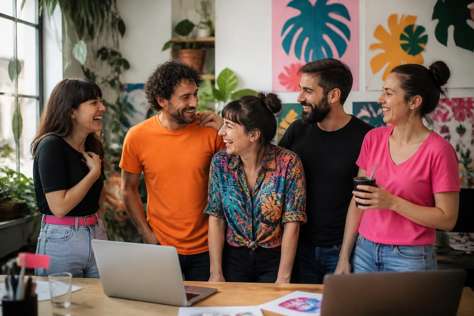 Cinco integrantes del equipo riendo juntos en el estudio, con carteles de hojas de papel recortado detrás.